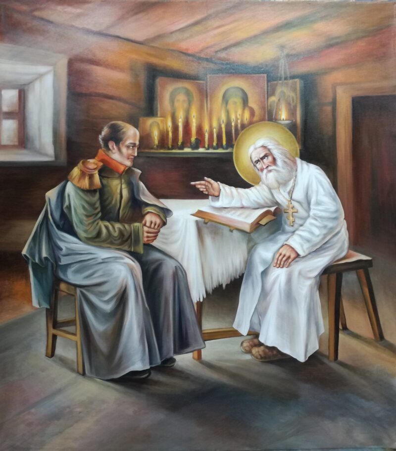 Ο όσιος συνομιλεί με επισκέπτη